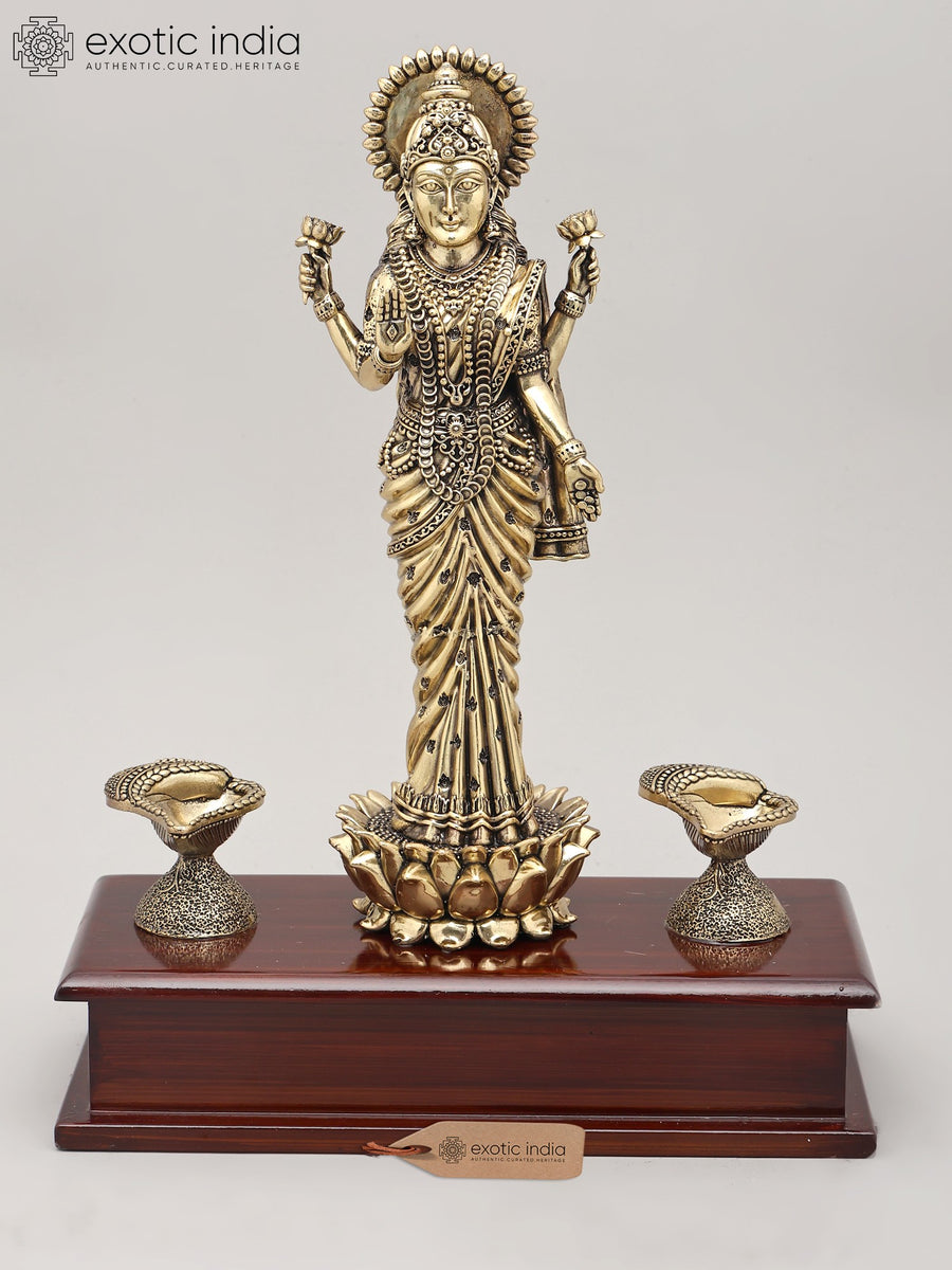 11" Handmade Brass Goddess Lakshmi Statue with Lotus and Oil Lamps