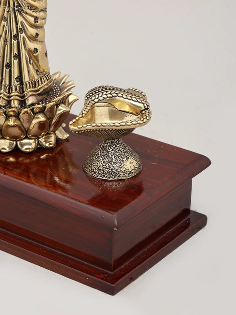 11" Superfine Goddess Lakshmi Standing on Lotus with Oil Lamps and Wood Base | Brass Sculpture