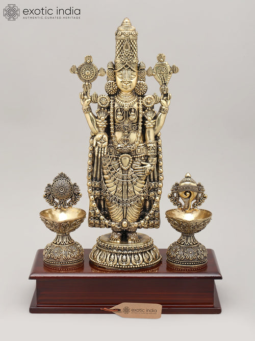 13" Handmade Brass Lord Venkateswara Idol with Oil Lamp and Wood Base