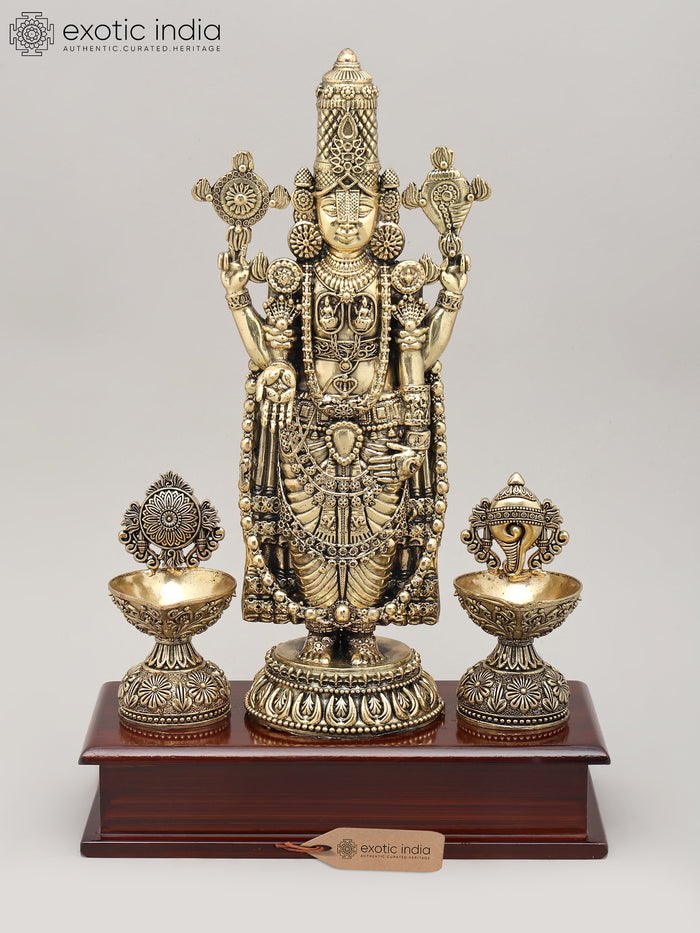 13" Handmade Brass Lord Venkateswara Idol with Oil Lamp and Wood Base