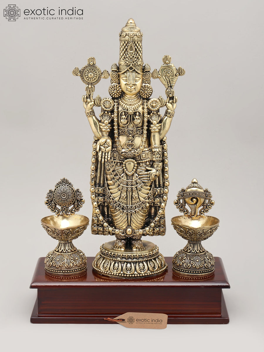 13" Handmade Brass Lord Venkateswara Idol with Oil Lamp and Wood Base