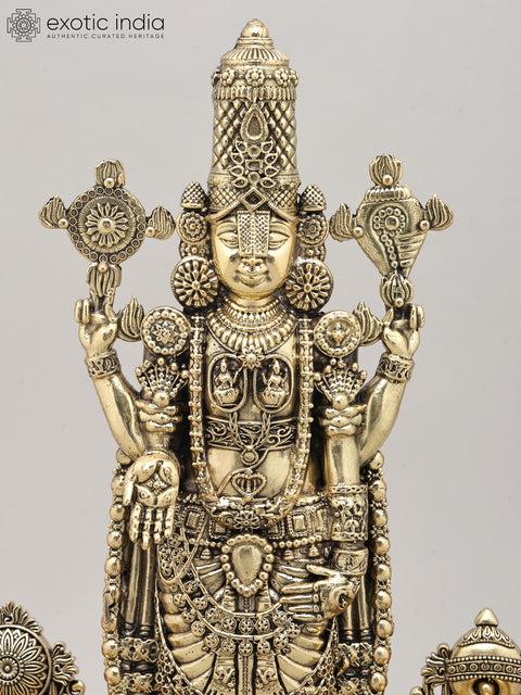 13" Superfine Lord Venkateswara Idol with Vaishnava Symbols Oil Lamp and Wood Base | Brass Sculpture