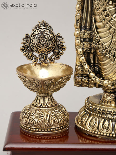 13" Superfine Lord Venkateswara Idol with Vaishnava Symbols Oil Lamp and Wood Base | Brass Sculpture