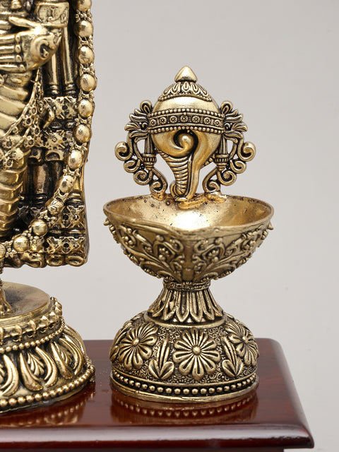 13" Superfine Lord Venkateswara Idol with Vaishnava Symbols Oil Lamp and Wood Base | Brass Sculpture