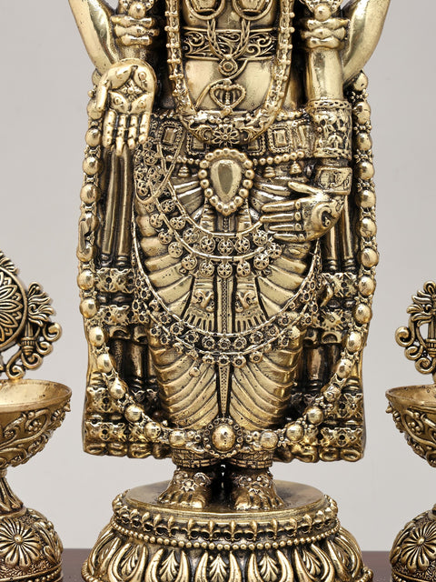 13" Superfine Lord Venkateswara Idol with Vaishnava Symbols Oil Lamp and Wood Base | Brass Sculpture