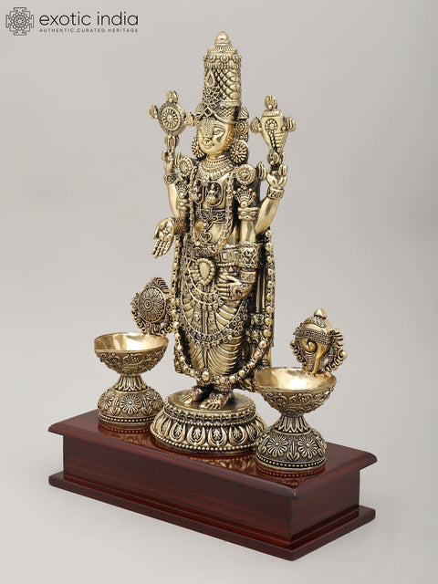 13" Superfine Lord Venkateswara Idol with Vaishnava Symbols Oil Lamp and Wood Base | Brass Sculpture