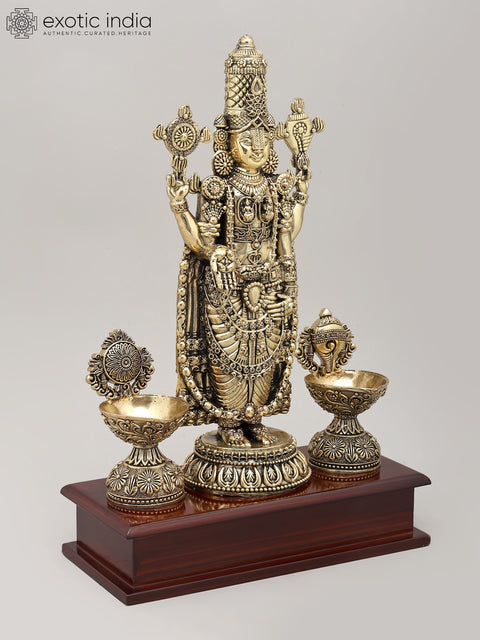 13" Superfine Lord Venkateswara Idol with Vaishnava Symbols Oil Lamp and Wood Base | Brass Sculpture