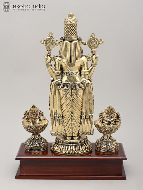 13" Superfine Lord Venkateswara Idol with Vaishnava Symbols Oil Lamp and Wood Base | Brass Sculpture