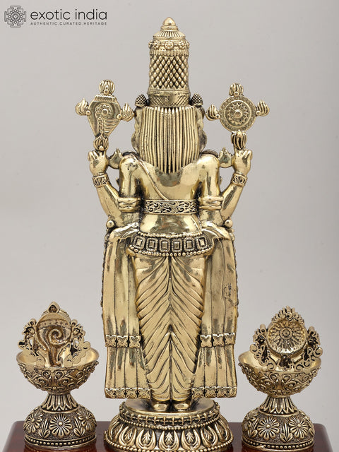 13" Superfine Lord Venkateswara Idol with Vaishnava Symbols Oil Lamp and Wood Base | Brass Sculpture