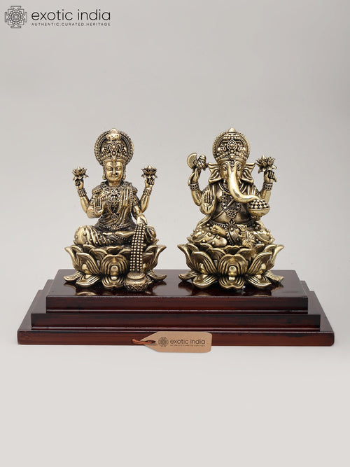 6" Handmade Brass Dhanalakshmi Ganesha Idol with Wood Base