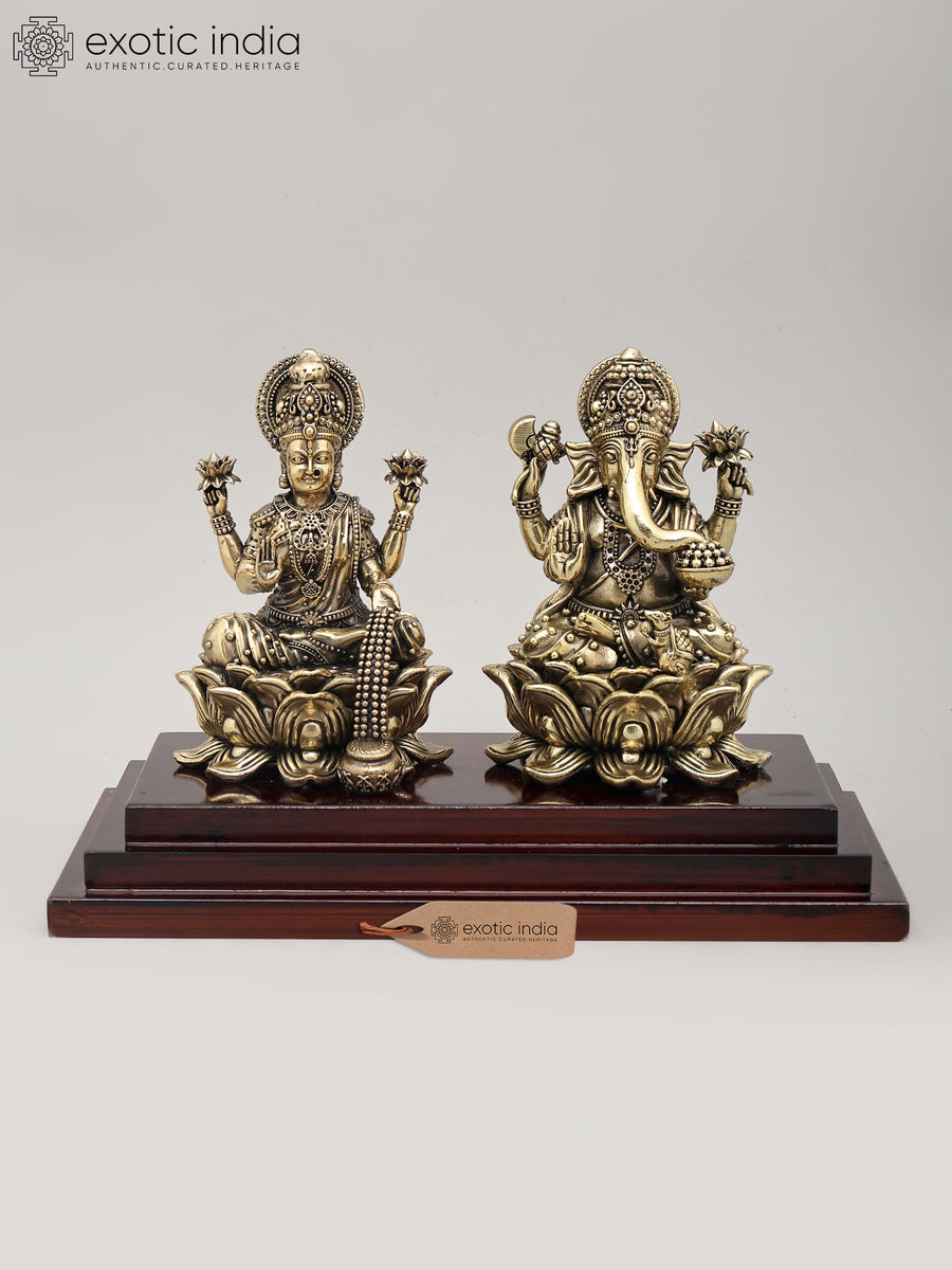 6" Handmade Brass Dhanalakshmi Ganesha Idol with Wood Base
