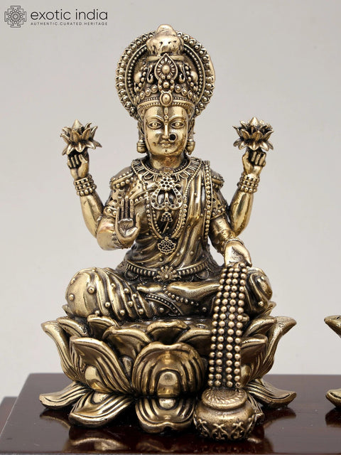 6" Superfine Idol of Goddess Dhanalakshmi and Lord Ganesha with Wood Base | Brass Sculpture