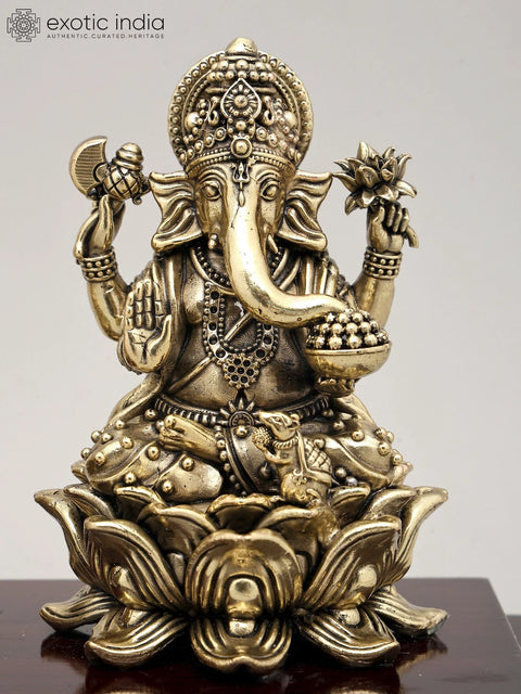 6" Superfine Idol of Goddess Dhanalakshmi and Lord Ganesha with Wood Base | Brass Sculpture