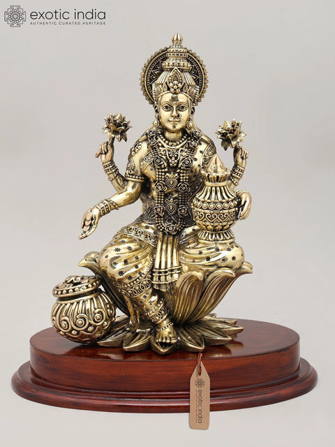 11" Mahalakshmi Ð The Goddess of Prosperity and Abundance with Wood Base | Brass Statue