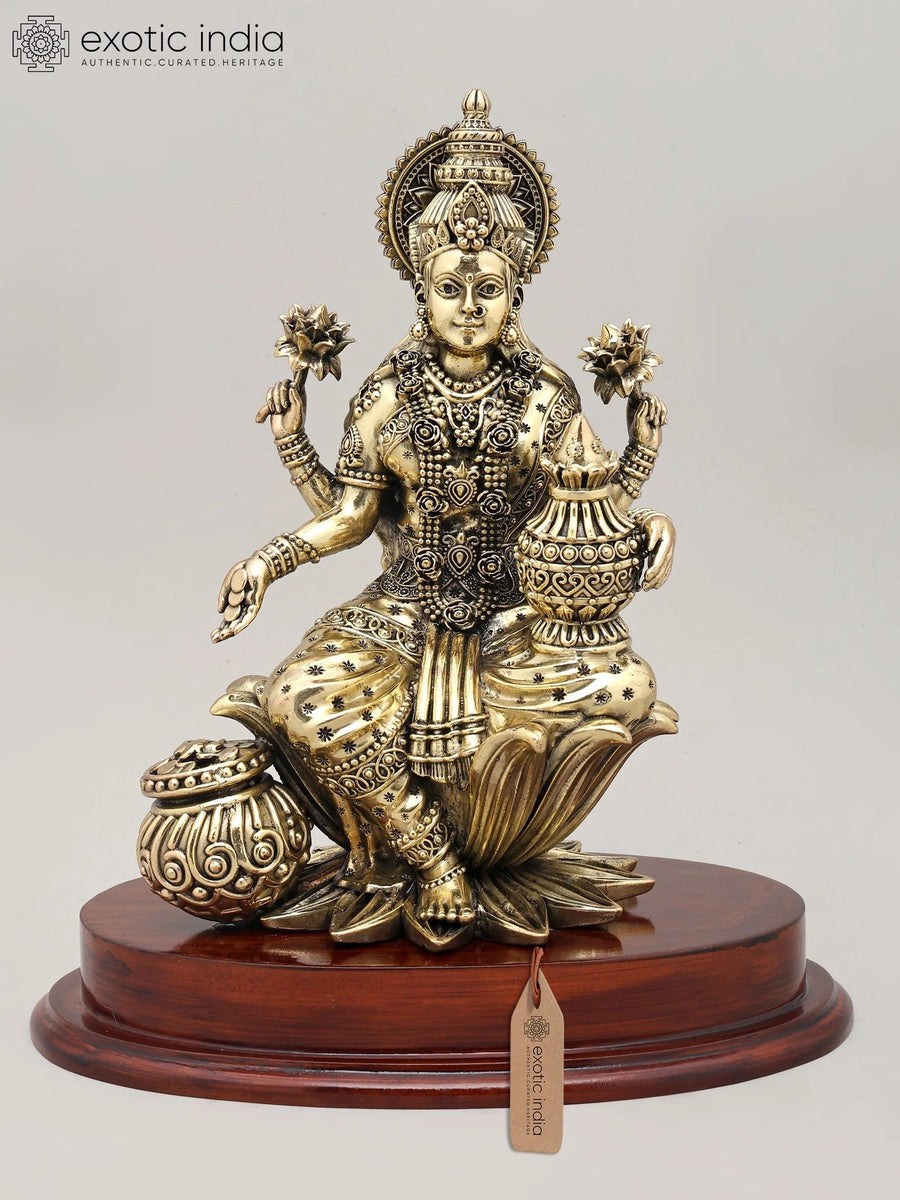 11" Mahalakshmi Brass Statue with Wood Base for Pooja