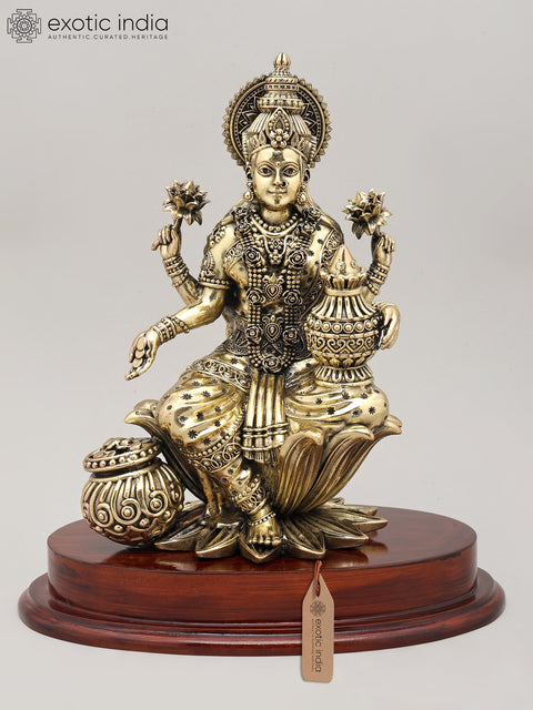 11" Mahalakshmi – The Goddess of Prosperity and Abundance with Wood Base | Brass Statue