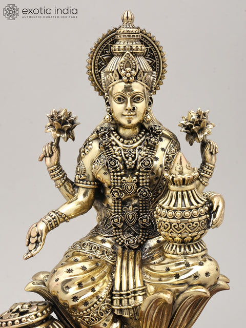 11" Mahalakshmi – The Goddess of Prosperity and Abundance with Wood Base | Brass Statue