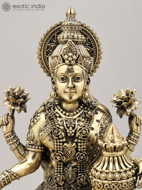 11" Mahalakshmi – The Goddess of Prosperity and Abundance with Wood Base | Brass Statue