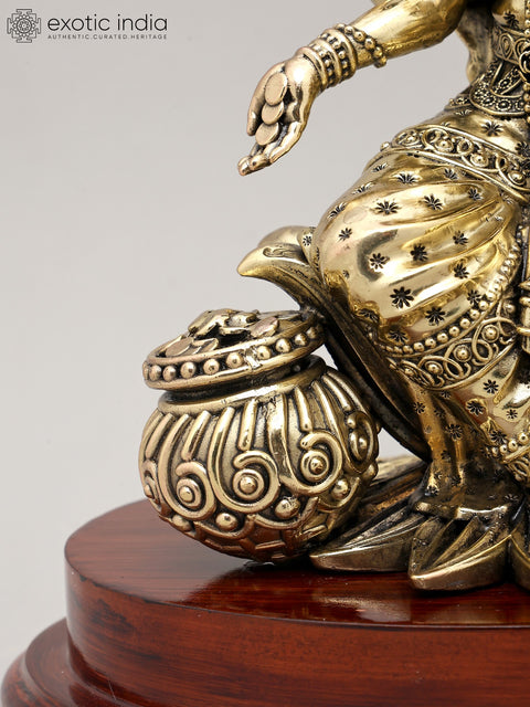 11" Mahalakshmi – The Goddess of Prosperity and Abundance with Wood Base | Brass Statue