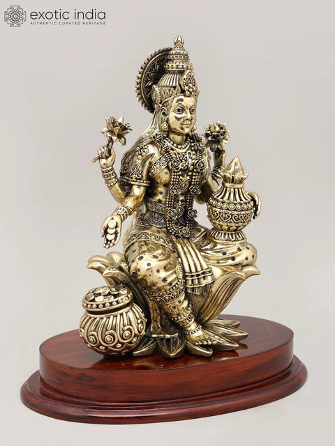 11" Mahalakshmi Ð The Goddess of Prosperity and Abundance with Wood Base | Brass Statue