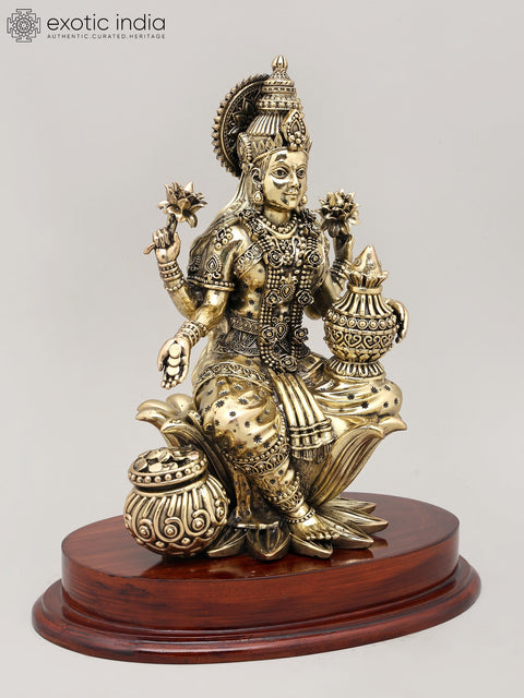 11" Mahalakshmi – The Goddess of Prosperity and Abundance with Wood Base | Brass Statue