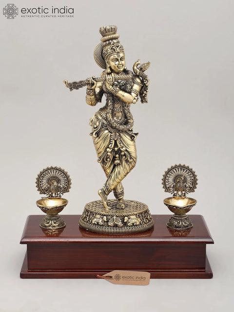 11" Superfine Lord Krishna - The Eternal Flute Player with Wood Base and Oil Lamps | Brass Idol