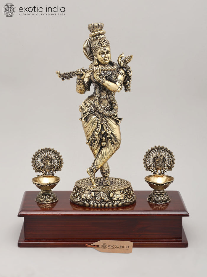 11" Handmade Brass Lord Krishna Flute Player Idol with Wood Base