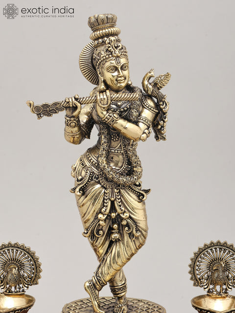 11" Superfine Lord Krishna - The Eternal Flute Player with Wood Base and Oil Lamps | Brass Idol