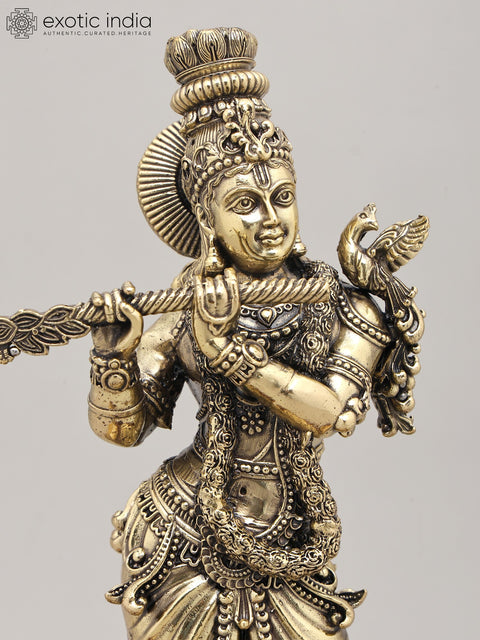 11" Superfine Lord Krishna - The Eternal Flute Player with Wood Base and Oil Lamps | Brass Idol