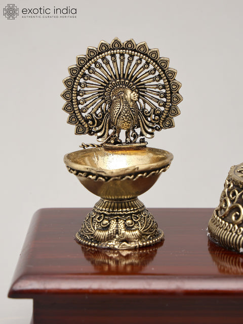 11" Superfine Lord Krishna - The Eternal Flute Player with Wood Base and Oil Lamps | Brass Idol