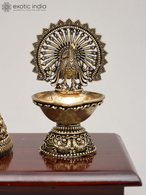 11" Superfine Lord Krishna - The Eternal Flute Player with Wood Base and Oil Lamps | Brass Idol