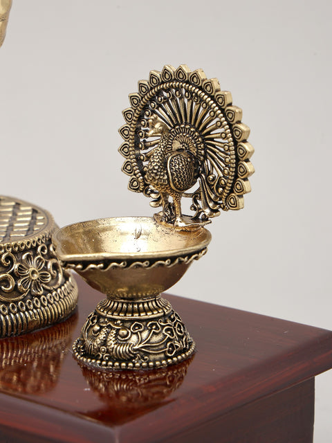 11" Superfine Lord Krishna - The Eternal Flute Player with Wood Base and Oil Lamps | Brass Idol