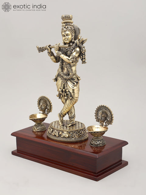 11" Superfine Lord Krishna - The Eternal Flute Player with Wood Base and Oil Lamps | Brass Idol