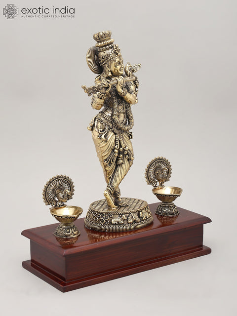 11" Superfine Lord Krishna - The Eternal Flute Player with Wood Base and Oil Lamps | Brass Idol
