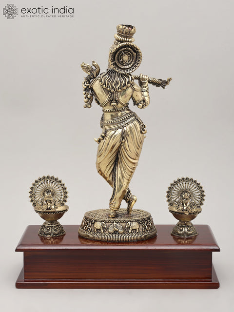 11" Superfine Lord Krishna - The Eternal Flute Player with Wood Base and Oil Lamps | Brass Idol