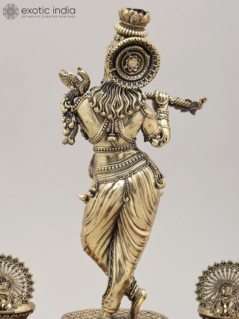 11" Superfine Lord Krishna - The Eternal Flute Player with Wood Base and Oil Lamps | Brass Idol