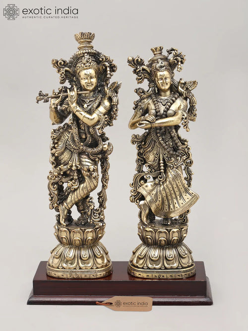 Brass Krishna and Radha Statue with Lotus Base - Handmade Idol