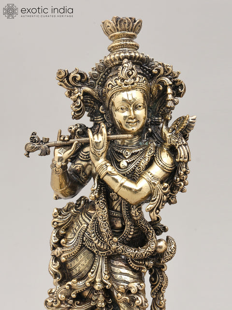 Superfine Divine Pair: Lord Krishna and Radha Standing on Lotus with Wood Base | Brass Idol