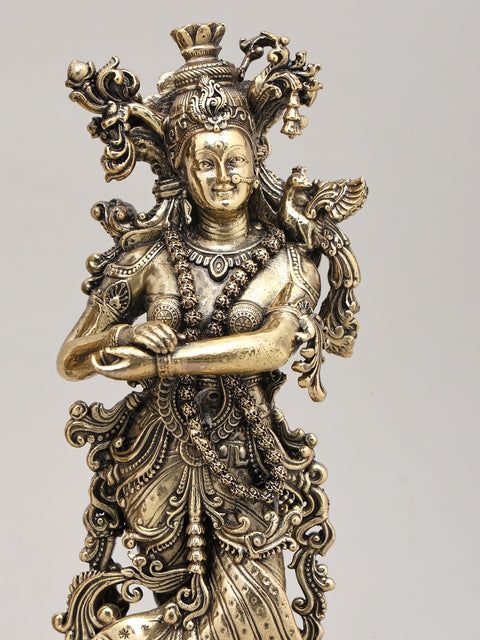 Superfine Divine Pair: Lord Krishna and Radha Standing on Lotus with Wood Base | Brass Idol