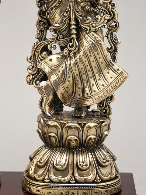 Superfine Divine Pair: Lord Krishna and Radha Standing on Lotus with Wood Base | Brass Idol