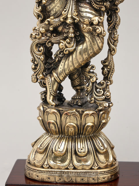 Superfine Divine Pair: Lord Krishna and Radha Standing on Lotus with Wood Base | Brass Idol