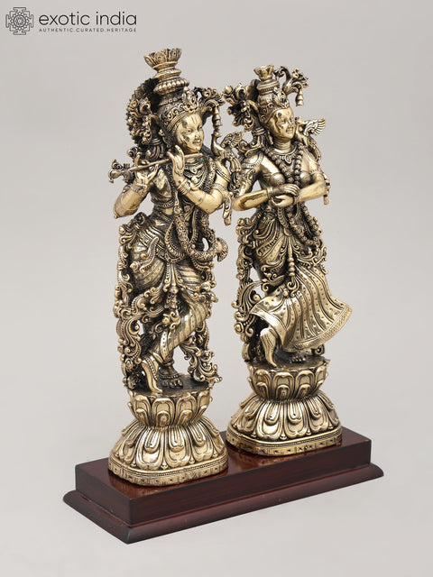 Superfine Divine Pair: Lord Krishna and Radha Standing on Lotus with Wood Base | Brass Idol