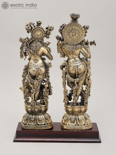 Superfine Divine Pair: Lord Krishna and Radha Standing on Lotus with Wood Base | Brass Idol