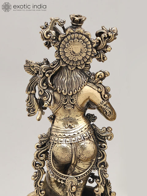 Superfine Divine Pair: Lord Krishna and Radha Standing on Lotus with Wood Base | Brass Idol