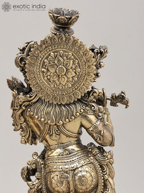 Superfine Divine Pair: Lord Krishna and Radha Standing on Lotus with Wood Base | Brass Idol
