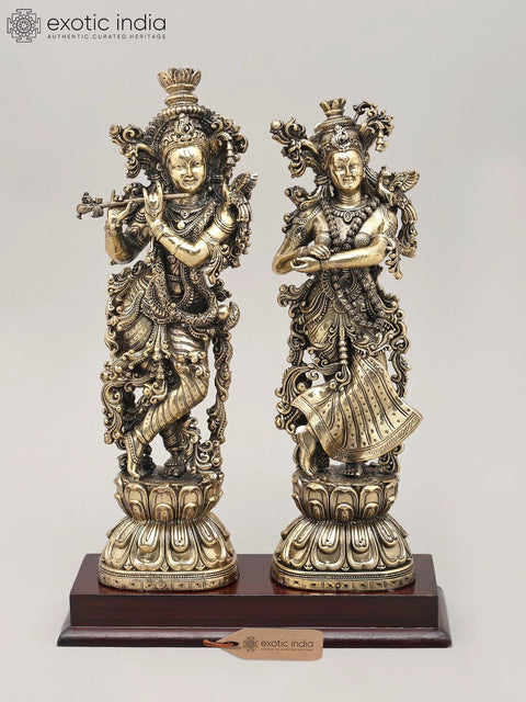 Superfine Divine Pair: Lord Krishna and Radha Standing on Lotus with Wood Base | Brass Idol