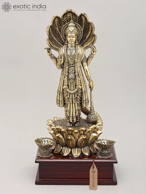 12" Superfine Four Armed Lord Vishnu with Seven Headed Sheshnag and Wood Base | Brass Idol