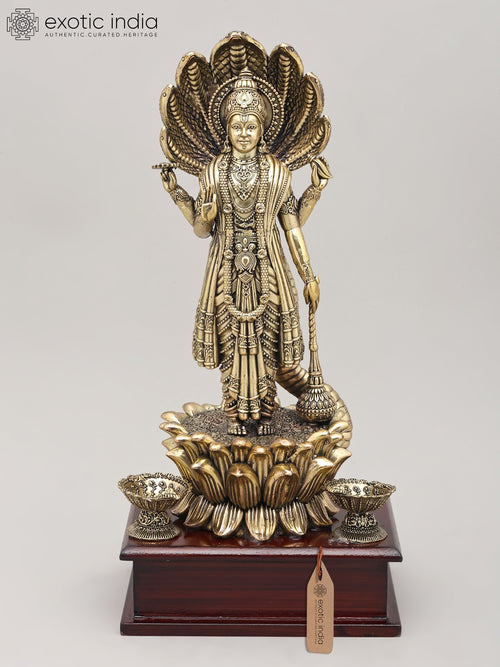 12" Four Armed Lord Vishnu with Seven Headed Sheshnag Brass Idol