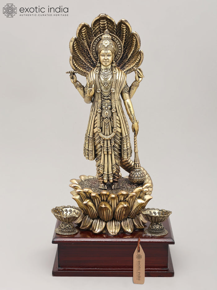 12" Four Armed Lord Vishnu with Seven Headed Sheshnag Brass Idol
