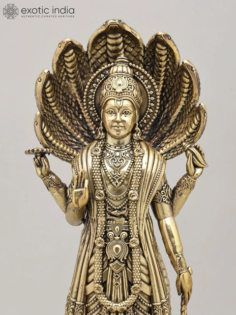 12" Superfine Four Armed Lord Vishnu with Seven Headed Sheshnag and Wood Base | Brass Idol